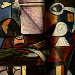 Pablo Picasso Poireau, ici métaphore des os ,crâne et pichet.Peu d'éléments sur la table : 1945 est une période de restrictions.