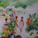 Image de l'un de ses nombreux  voyages : Marché à Fort de France.  Aquarelle 56 x 76  cm.