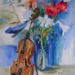 Amaryllis et violoncelle,peinture réalisée pour l'affiche d'une exposition  56 x 76 cm