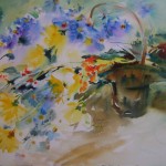 Quelques touches d'aquarelle  donnent vie à une coulée de fleurs s'échappant d'un panier. 56 x 76cm.