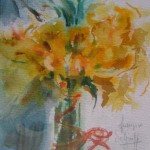 Bouquet de jonquilles . Des couleurs chatoyantes éclairent les aquarelles de Françoise Selezneff.16 x 18 cm
