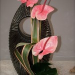 La composition est réalisée à l'extérieur du vase : au pied, des feuilles de monstera.