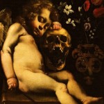 Luigi Miradori, dit Genovesino 1610-1656. Cupidon endormi. Le tableau représente un Amour assis sur un livre appuyé sur un crâne dont la cavité obscure cache un crapaud. Tenant une flèche dans la main, la beauté juvénile s'oppose à la tristesse de la mort.