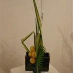 Des palmes de livistonia ont été posées sur le vase géométrique, exposition Ikebana Sogetsu 2012.