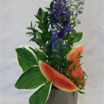 Dans un vase stable, on peut placer de plus gros morceaux de pastèque piqués sur 2 ou 3 brochettes.