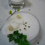 Décor de table minimaliste : dans une coupe en verre, neige, fleurons d'orchidée et petites étoiles .